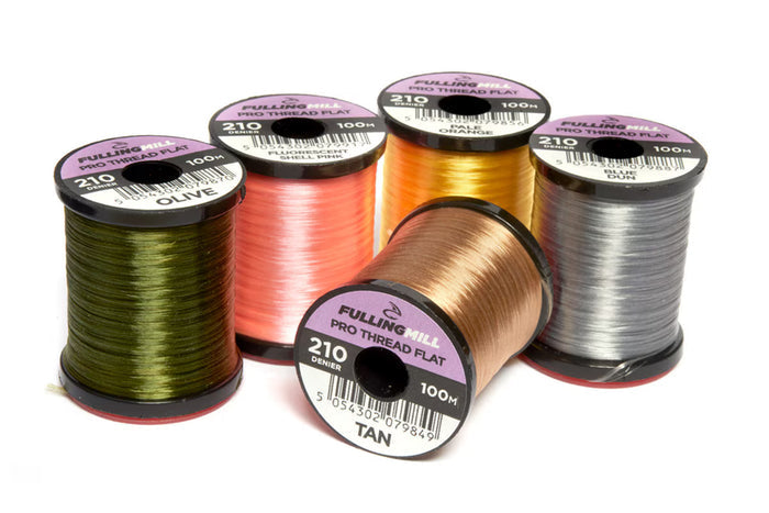 Five spools of Fulling Mill Pro Thread Flat 210 Den fishing thread in various colors including olive, pink, orange, tan, and gray, arranged on a white background.