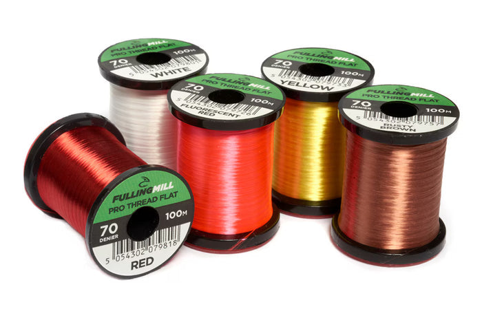 Five spools of Fulling Mill Pro Thread Flat 70 Den (Copy) in red, white, fluorescent orange, yellow, and copper colors arranged on a white background for fly fishing tackle and rod building.