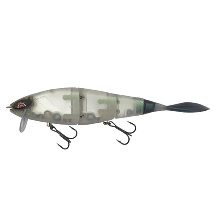 Galápagos Grace 210L fishing lure with a translucent segmented body, realistic fish eye detail, and two treble hooks designed for effective musky fishing.