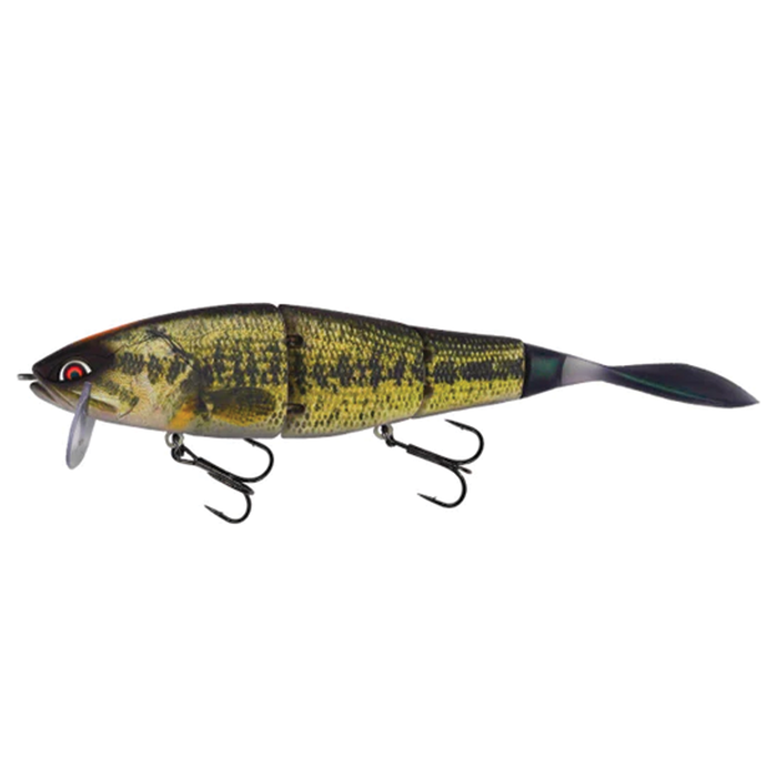 Galápagos Grace 210L fishing lure designed to mimic a segmented fish with realistic yellow and green scale pattern, featuring two treble hooks and a flexible tail for lifelike movement.