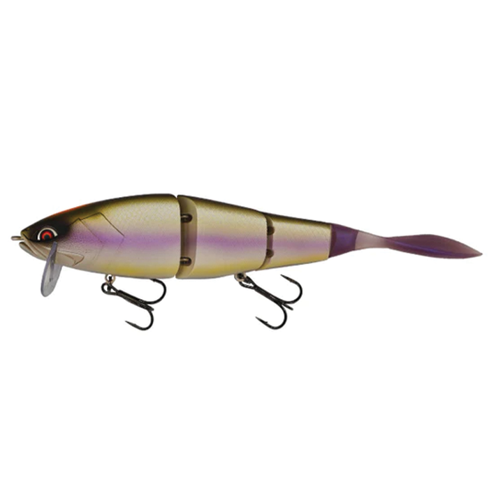 Galápagos Grace 210L multi-jointed fishing lure with olive green and purple gradient body, realistic fish eye, and two treble hooks for effective fishing tackle use.