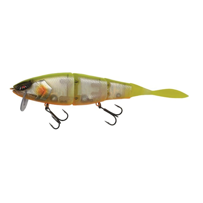 Galápagos Grace 210L segmented fishing lure in translucent green and yellow with realistic fish scale pattern and two treble hooks for fishing tackle use.