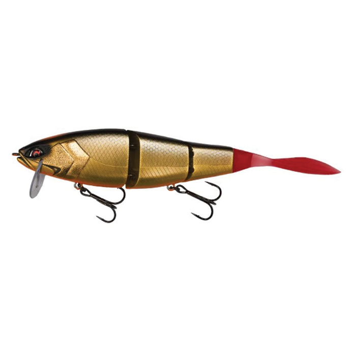 Detailed segmented fishing lure with metallic gold body and red tail, equipped with two treble hooks and a small lip, designed as the Galápagos Grace 210L for musky fishing.