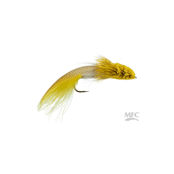 Galloup's Zoo Cougar #4 fishing lure with a yellow feathered tail and textured yellow head designed for musky fishing.