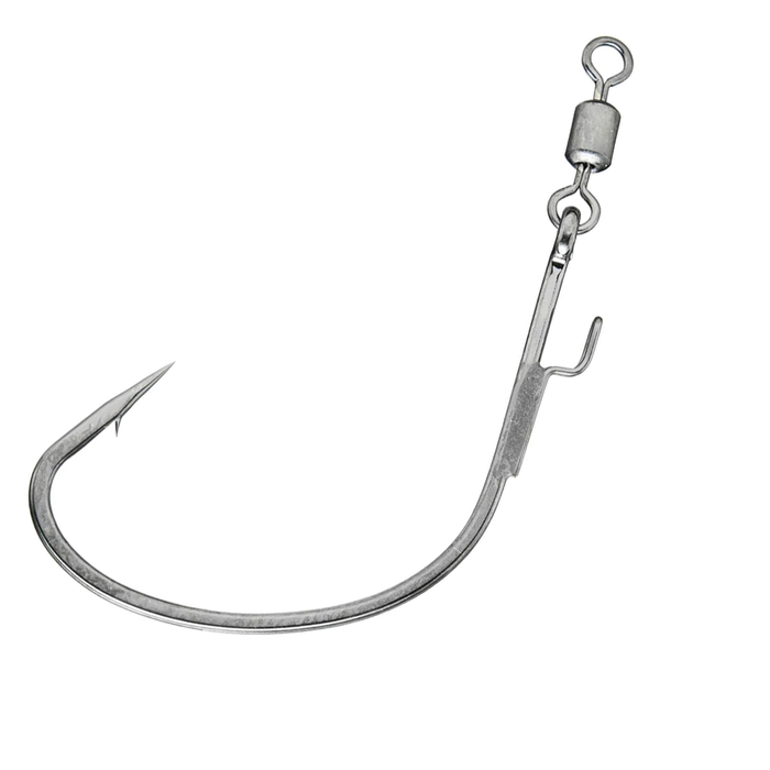 Gamakatsu G-Finesse Cover Neko Hooks in silver metal with a sharp curved point, equipped with a swivel and keeper for secure fishing tackle and lure attachment.