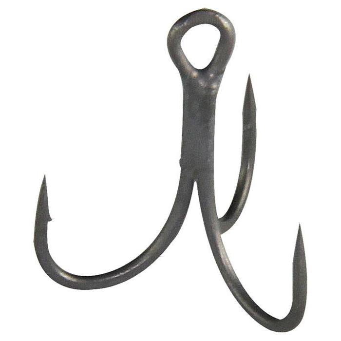 Close-up view of a black metal Gamakatsu G-Finesse MH Treble fishing hook with three sharp points and a reinforced eyelet designed for secure attachment to fishing lures.