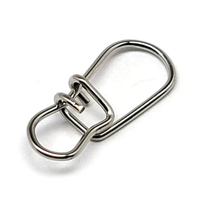 Close-up of a shiny metal Gamakatsu G-Finesse Tournament Snap fishing tackle accessory used for securely attaching lures or hooks during fishing.
