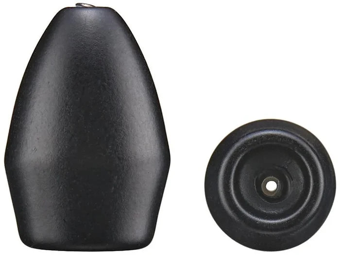Gamakatsu G-Shield Tungsten Flip Sinker shown from side and top views, featuring a sleek black finish and a small attachment hole for fishing tackle use.