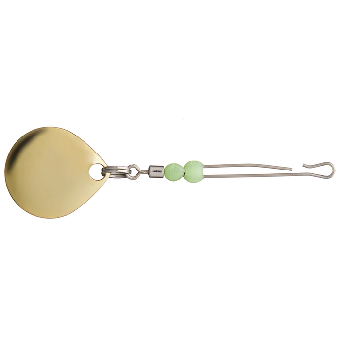 Gamakatsu One Touch Blade for Treble Hooks - Colorado Blade featuring a polished gold Colorado-shaped blade attached to a metal wire with two light green beads, designed for fishing tackle use.