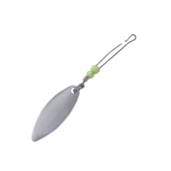 Gamakatsu One Touch Blade for Treble Hooks - Willow Blade, silver willow-shaped fishing blade with wire attachment and two small green beads, designed for fishing tackle use.