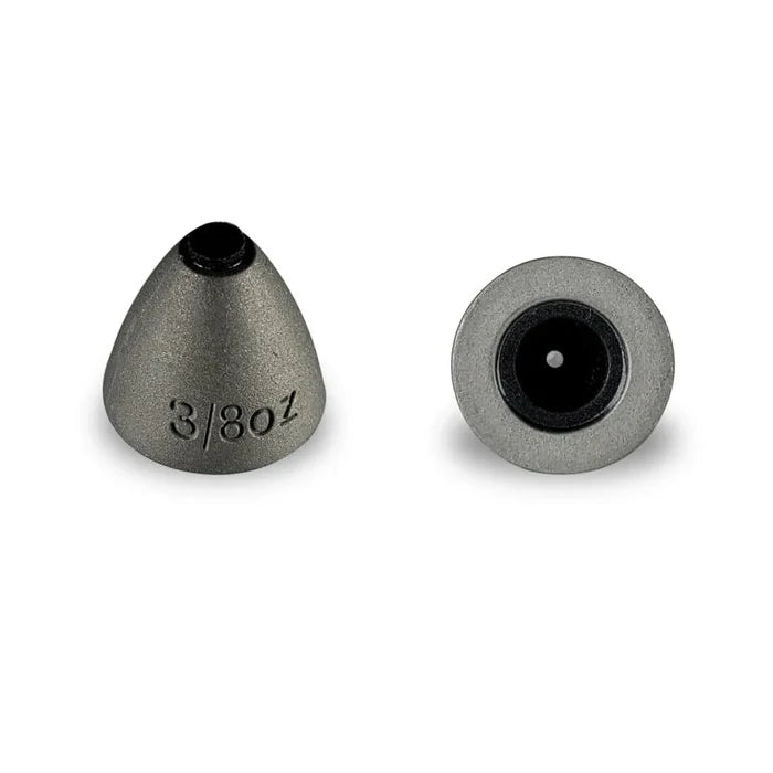 Two gray conical fishing weights with black centers, one showing a front view and the other a side view engraved with "3/8 oz", designed as TG Worm Sinker for fishing tackle use.