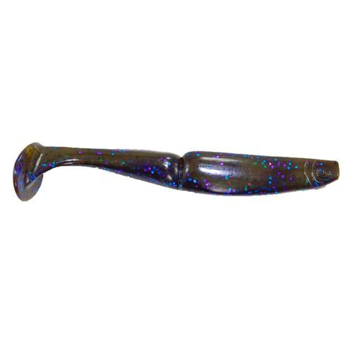 Gambler Lures Big EZ Swimbait in dark color with blue and purple glitter, featuring a paddle tail design for lifelike swimming action in fishing tackle.