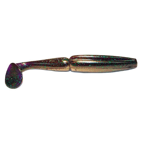Gambler Lures Big EZ Swimbait in dark purple and green glitter finish, soft plastic fishing lure with paddle tail designed for lifelike swimming action in freshwater fishing.