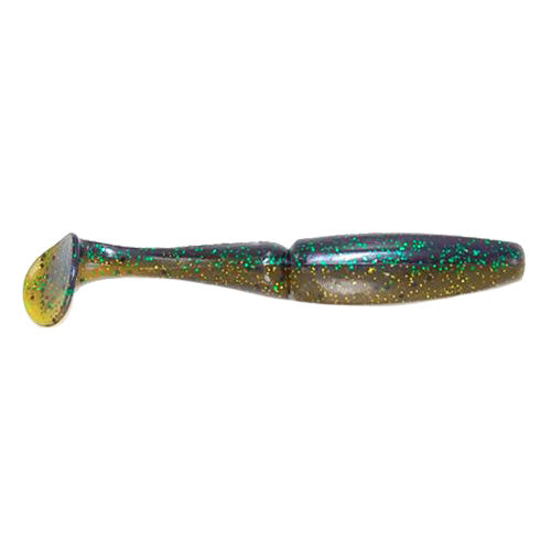 Gambler Lures Big EZ Swimbait in green and gold glitter finish, featuring a soft plastic body with paddle tail designed for realistic swimming action in fishing tackle.