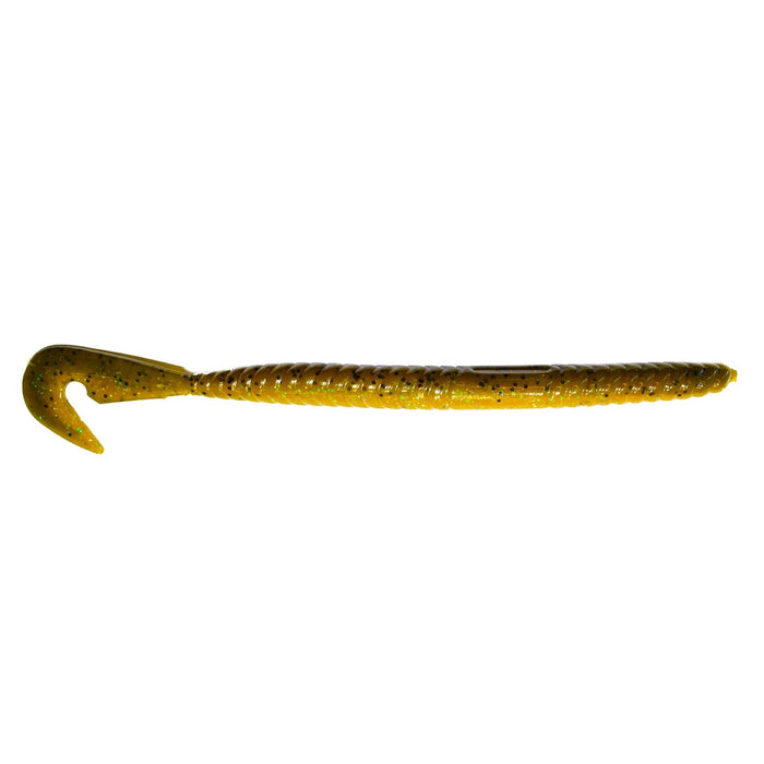 Gambler Lures Burner Worm fishing lure in translucent green with black speckles and a curved tail, designed for freshwater fishing tackle and musky fishing.