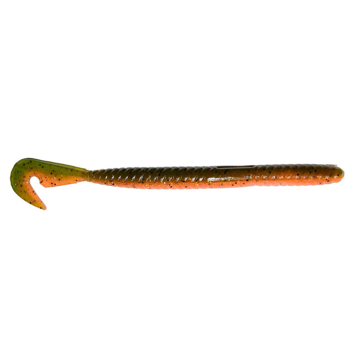 Gambler Lures Burner Worm fishing lure in segmented design with a curly tail, featuring a cracked copper color with green and black speckles for realistic baitfish appearance.