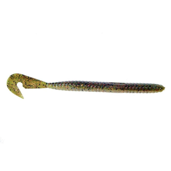 Gambler Lures Burner Worm fishing lure in translucent green with black and red specks, soft bait with a ribbed body and curled paddle tail for lifelike movement.