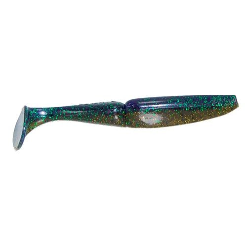 Gambler Lures EZ Swimmer Swimbait in dark green with blue and gold glitter, designed as a soft fishing lure with a paddle tail for lifelike swimming action.