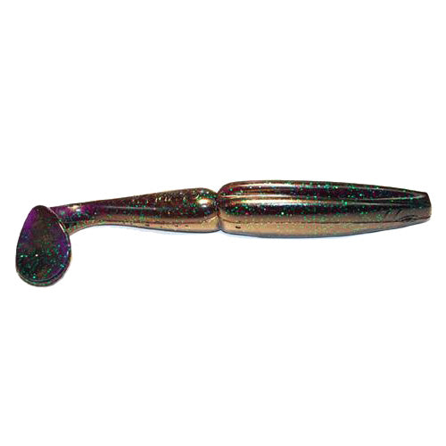 Gambler Lures EZ Swimmer Swimbait in dark color with green and purple glitter accents, featuring a paddle tail design for lifelike swimming action in fishing tackle.