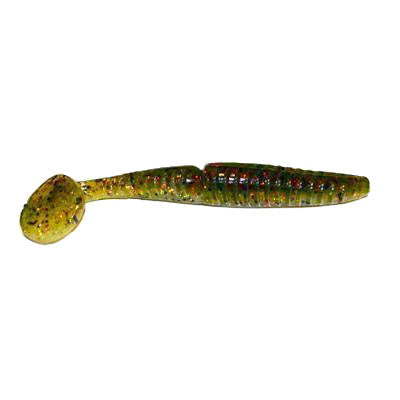 Gambler Lures EZ Vibez Swimbait in green with red and black speckles, featuring a paddle tail design for lifelike swimming action in fishing tackle.