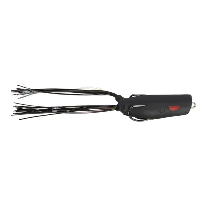 Gambler Lures Popping Frog in black with detailed skirt and dual hooks, designed as a realistic fishing lure for musky and freshwater fishing tackle.
