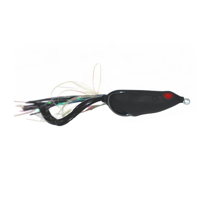 Gambler Lures Walking Frog fishing lure in black with a red eye detail and soft skirt material designed to mimic a frog for effective fishing tackle use.