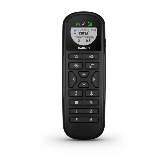 Garmin Floating Remote Control handheld device with multiple buttons and a small display screen showing heading and speed information for marine electronics use.