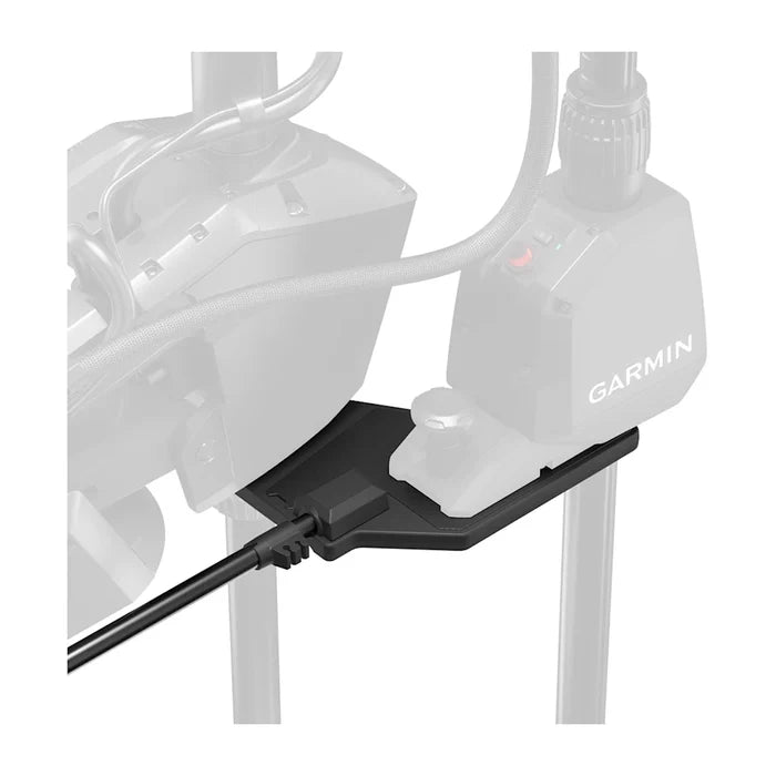Garmin Force Pro Trolling Motor Mounting Plate 010-13404-00 shown in black, designed for secure attachment of trolling motor components with cable management features.