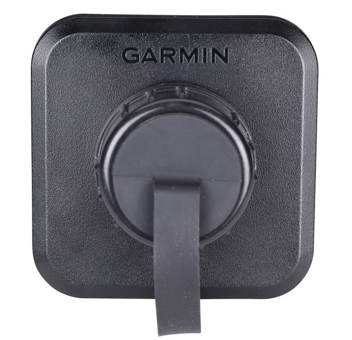 Black square Garmin branded connector with a central circular bulkhead connection and a protective cap, Garmin LiveScope Bulkhead Connector Kit Connector Kit Only 010-13350-00.