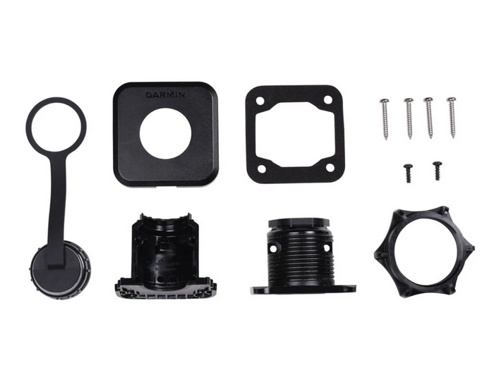 Garmin LiveScope Bulkhead Connector Kit Connector Kit Only 010-13350-00 showing all black plastic and metal components including connectors, mounting plates, screws, and protective cap designed for marine electronics installation.