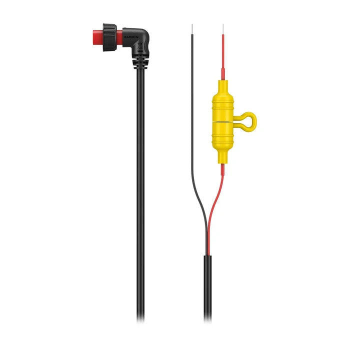 Garmin Power Cable (For Spy Pole) 010-13404-30 featuring a black right-angle connector and red and black wires with a yellow inline fuse holder for reliable marine electronics connection.