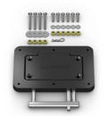 Garmin Quick Release Plate System Black 010-12832-60 with black rectangular mounting plate, multiple screws, washers, nuts, and a metal pin for secure attachment to fishing tackle or marine electronics.