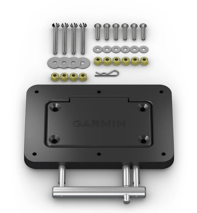 Garmin Quick Release Plate System Black 010-12832-60 with black rectangular mounting plate, multiple screws, washers, nuts, and a metal pin for secure attachment to fishing tackle or marine electronics.