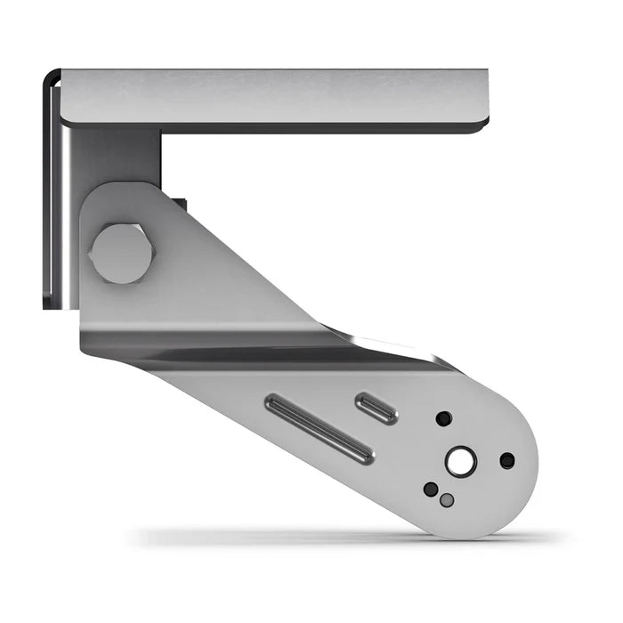 Silver metal bracket with bolts and mounting holes designed as a Transom Mount for the LiveScope™ 2 Transducer Series, used for secure installation on boats.