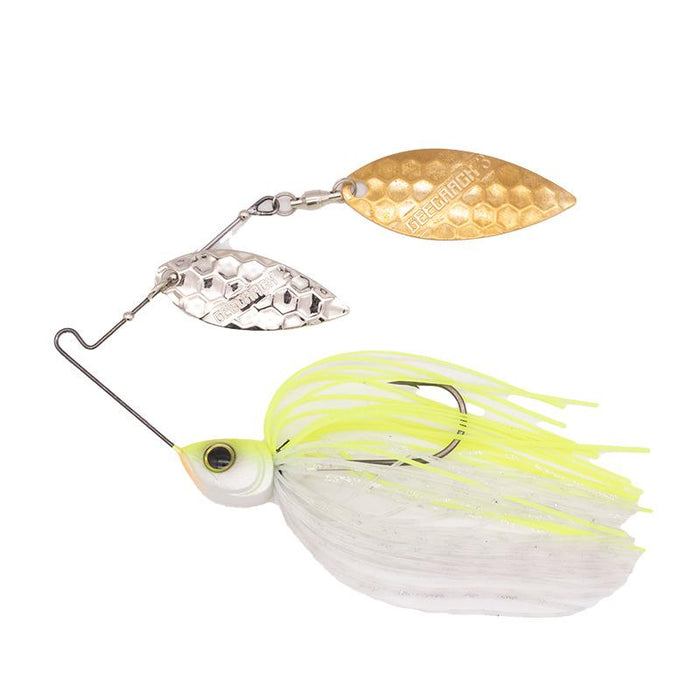 Geecrack G Blade Spinnerbait featuring a white and chartreuse skirt, dual hammered metal blades in silver and gold finish, and a sharp fishing hook, designed for effective fishing tackle.