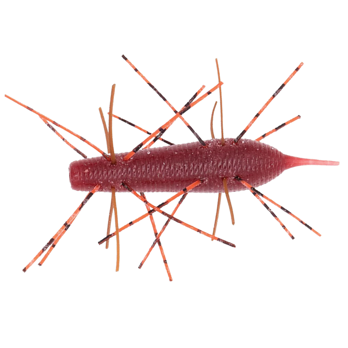 GeeCrack Imo Kemushi Floating Elastomer fishing lure in reddish color with multiple thin, flexible appendages designed to mimic aquatic insects for musky and freshwater fishing tackle.