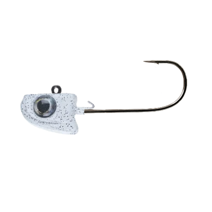 Great Lakes Finesse Hangin Head Jig featuring a detailed white jig head with black speckles and a realistic eye, attached to a sharp metal fishing hook designed for fishing tackle.
