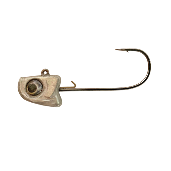 Great Lakes Finesse Hangin Head Jig featuring a detailed fish-shaped metallic head with a realistic eye, attached to a sharp fishing hook designed for finesse fishing techniques.