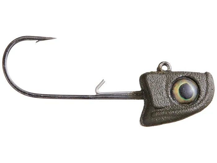 Great Lakes Finesse Hangin Head Jig fishing lure with a textured olive-green jig head featuring a lifelike eye and a single sharp hook, designed for precision fishing tackle.
