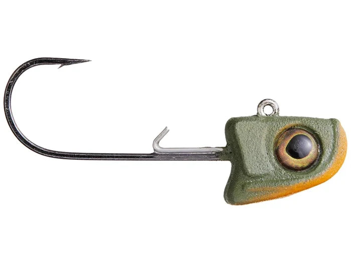 Great Lakes Finesse Hangin Head Jig featuring a green and orange jig head with lifelike eye detail and a sharp fishing hook designed for finesse fishing tackle.