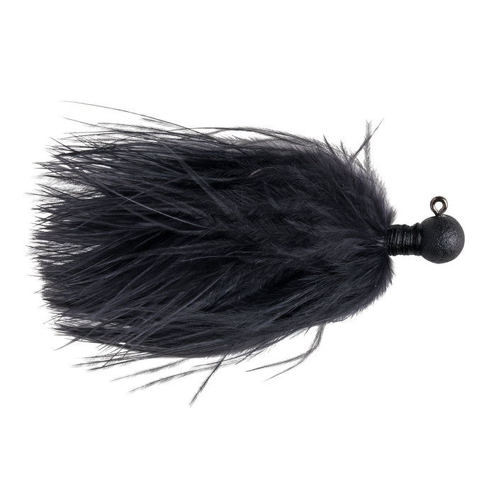 Great Lakes Finesse Marabou Jig featuring soft black marabou feathers attached to a weighted jig head designed for effective fishing lure action.