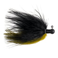 Great Lakes Finesse Marabou Jig with black and olive feathers attached to a weighted hook, designed for fishing tackle and lure applications.