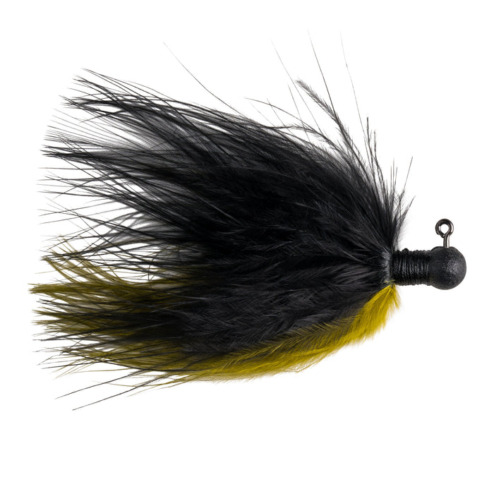 Great Lakes Finesse Marabou Jig with black and olive feathers attached to a weighted hook, designed for fishing tackle and lure applications.