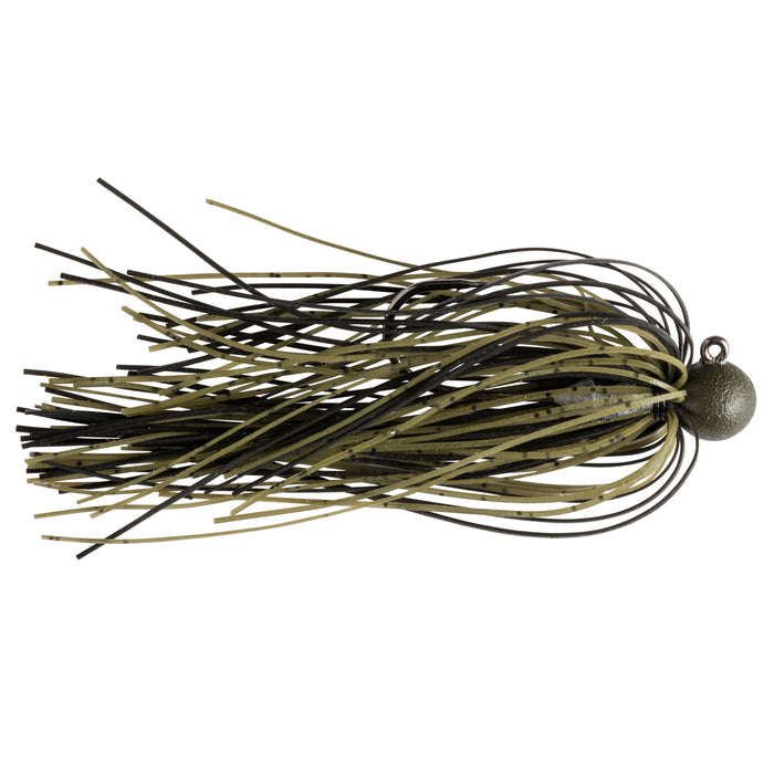 Great Lakes Finesse Matte Finesse Jig fishing lure with a textured olive and black skirt and a weighted rounded head designed for finesse fishing techniques.