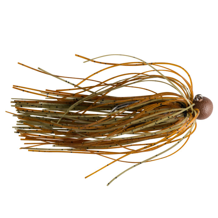 Great Lakes Finesse Matte Finesse Jig fishing lure with a speckled skirt in green, brown, and orange tones designed for freshwater fishing tackle.