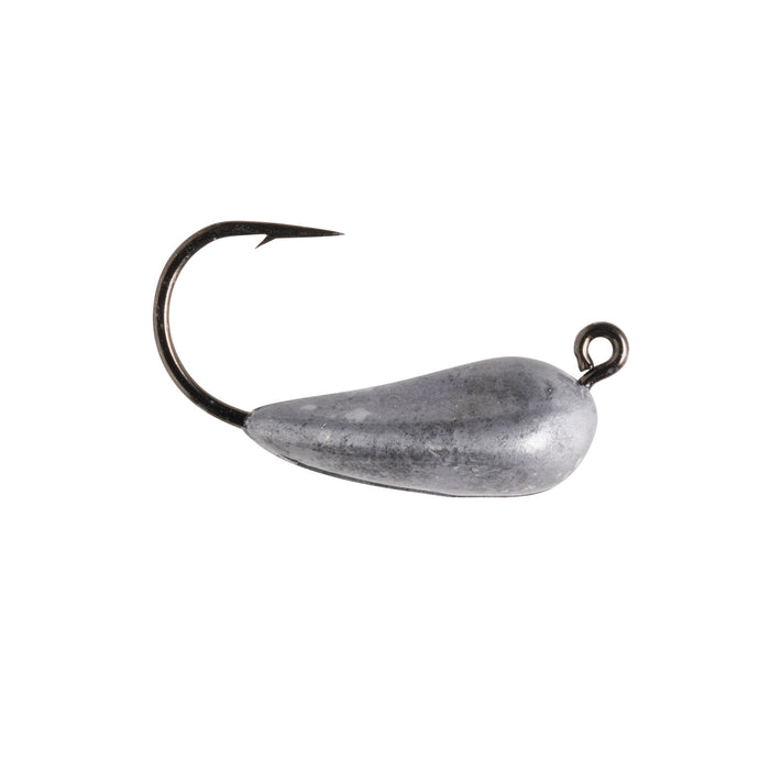 Close-up of a Great Lakes Finesse Micro Mini Tube Head fishing lure with a sharp black hook and smooth metallic lead-weighted body, designed for precise fishing tackle use.