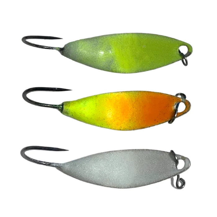 Three Great Lakes Finesse Taco Spoon fishing lures in green, orange, and silver with single hooks designed for fishing tackle and lure use.