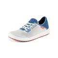 Grundens Keeper Sneaker in white and blue breathable mesh with white laces, designed for comfort and light water use, featuring a flexible sole with orange accents.