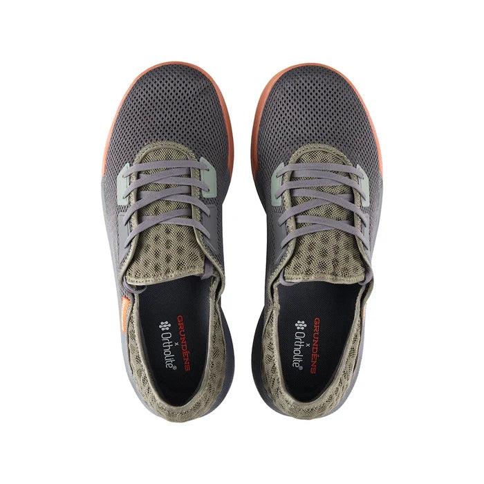 Top view of gray and olive breathable mesh athletic shoes with light gray laces and orange trim, designed for outdoor comfort, labeled Grundens Keeper Sneaker.