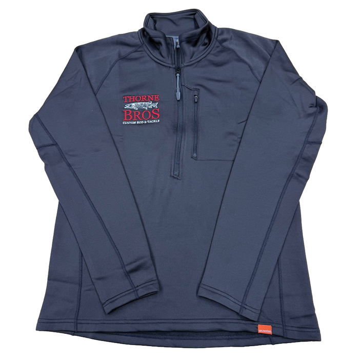 Grundens Thorne Bros. Logo Thermal 1/2 Zip in dark gray featuring a zippered chest pocket, high collar, and embroidered Thorne Bros logo in red and white on the left chest.